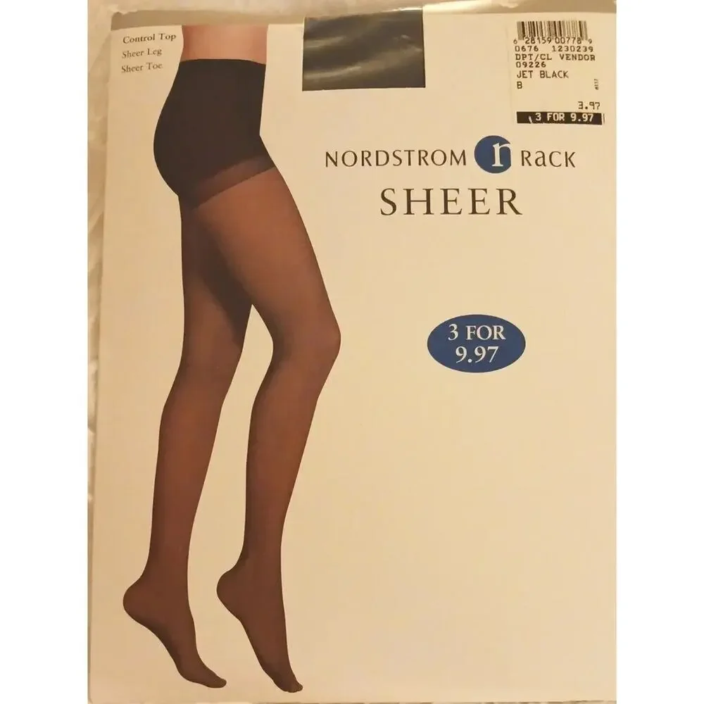 Nordstrom Rack Control Top Sheer Leg Toe Pantyhose JET BLACK Sz‎ B Vntg New Pckg
